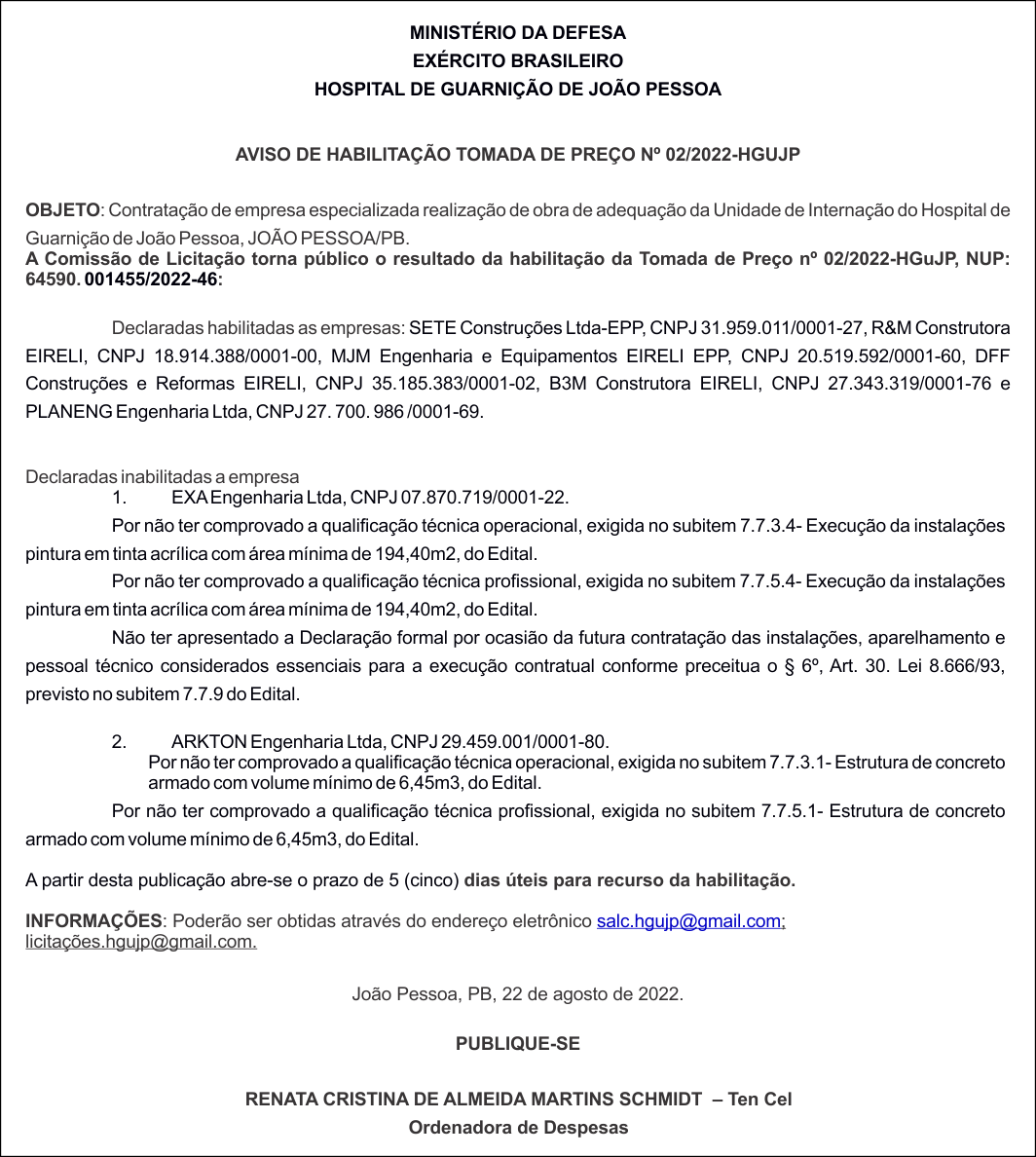 HOSPITAL DE GUARNIÇÃO DE JOÃO PESSOA – AVISO DE HABILITAÇÃO – TOMADA DE PREÇO Nº 02/2022-HGUJP