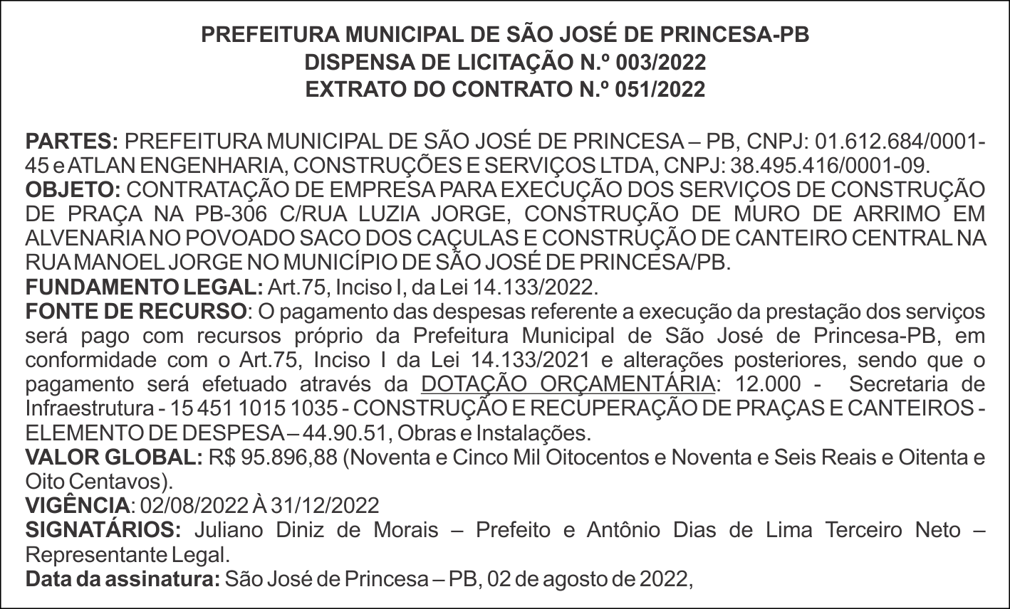 PREFEITURA MUNICIPAL DE SÃO JOSÉ DE PRINCESA-PB – DISPENSA DE LICITAÇÃO Nº 003/2022