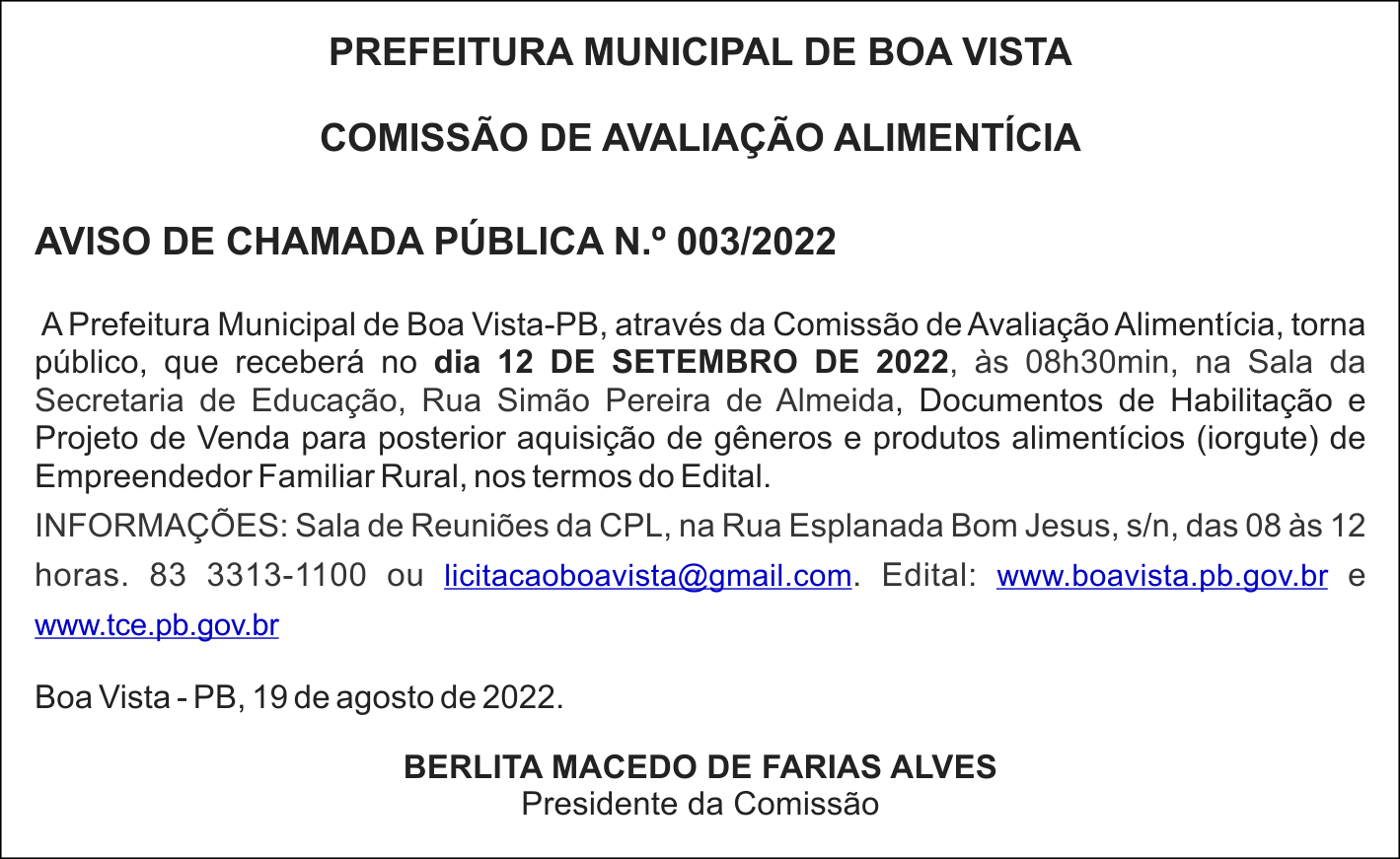 PREFEITURA MUNICIPAL DE BOA VISTA – AVISO DE CHAMADA PÚBLICA N.º 003/2022