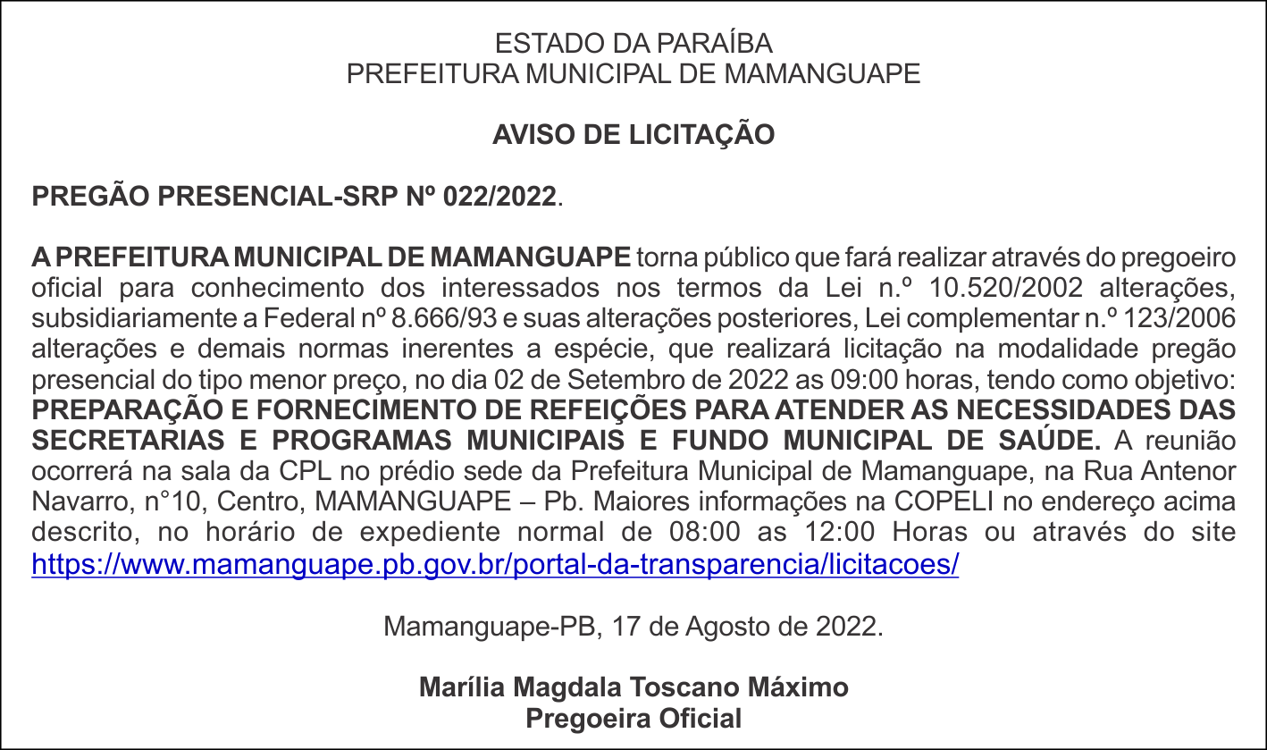 PREFEITURA MUNICIPAL DE MAMANGUAPE – AVISO DE LICITAÇÃO – PREGÃO PRESENCIAL-SRP Nº 022/2022.