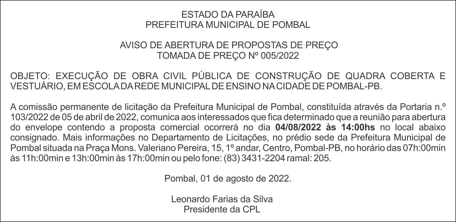 PREFEITURA MUNICIPAL DE POMBAL – AVISO DE ABERTURA DE PROPOSTAS DE PREÇO – TOMADA DE PREÇO Nº 005/2022