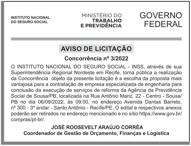 INSS – PE – RECIFE – AVISO DE LICITAÇÃO – Concorrência nº 3/2022
