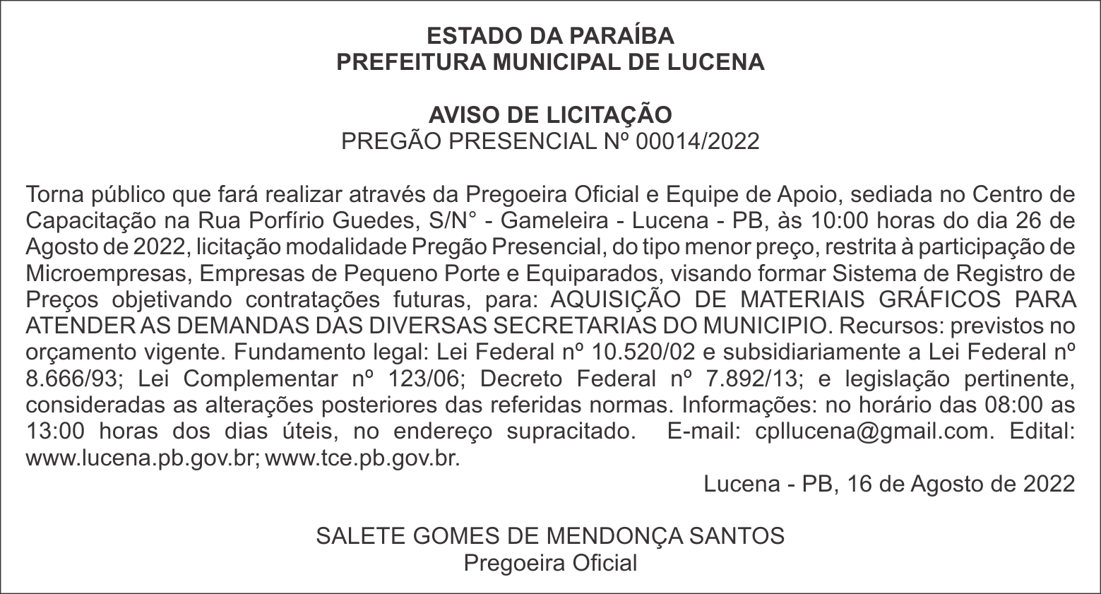 PREFEITURA MUNICIPAL DE LUCENA  – AVISO DE LICITAÇÃO – PREGÃO PRESENCIAL Nº 00014/2022
