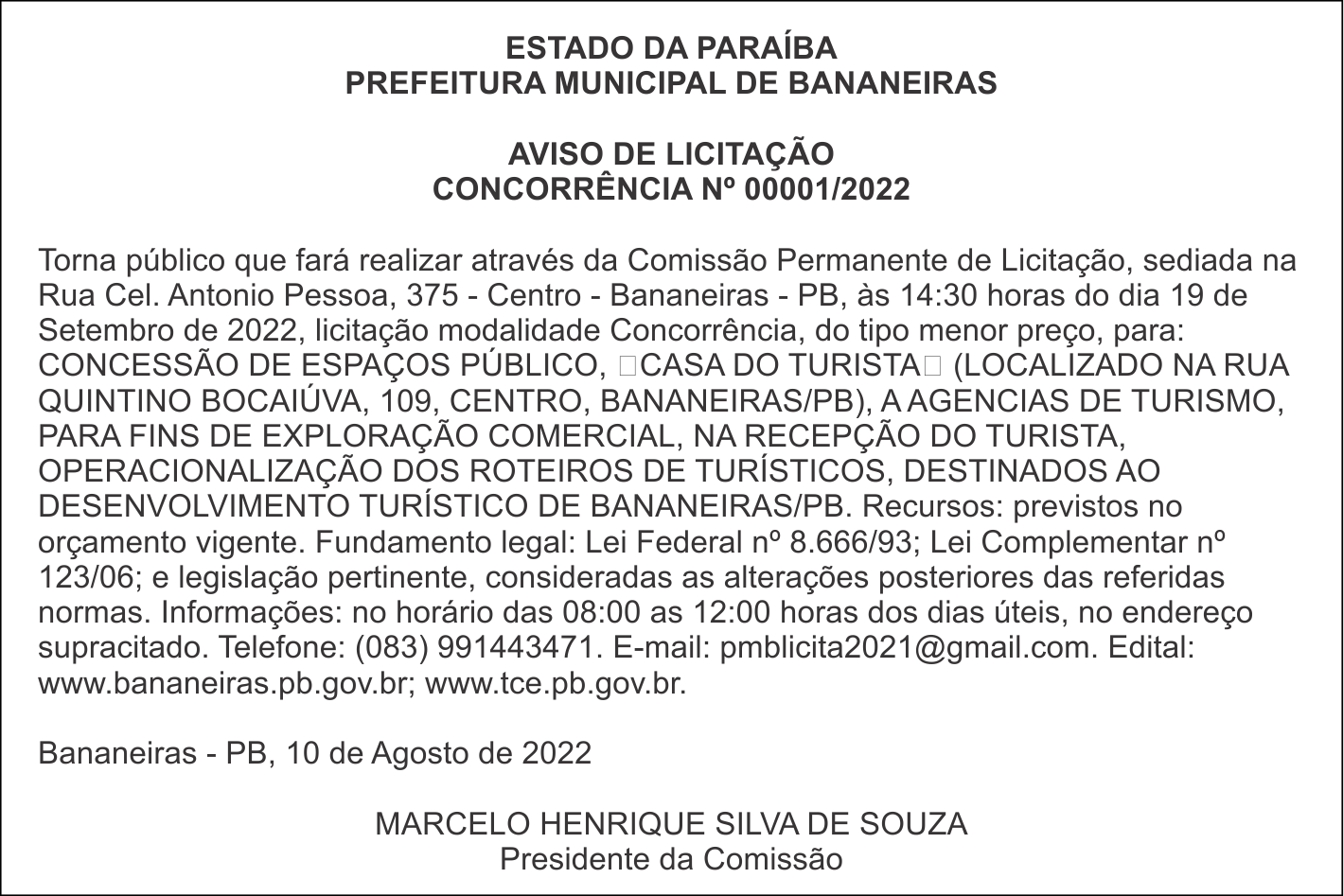 PREFEITURA MUNICIPAL DE BANANEIRAS – AVISO DE LICITAÇÃO CONCORRÊNCIA Nº 00001/2022