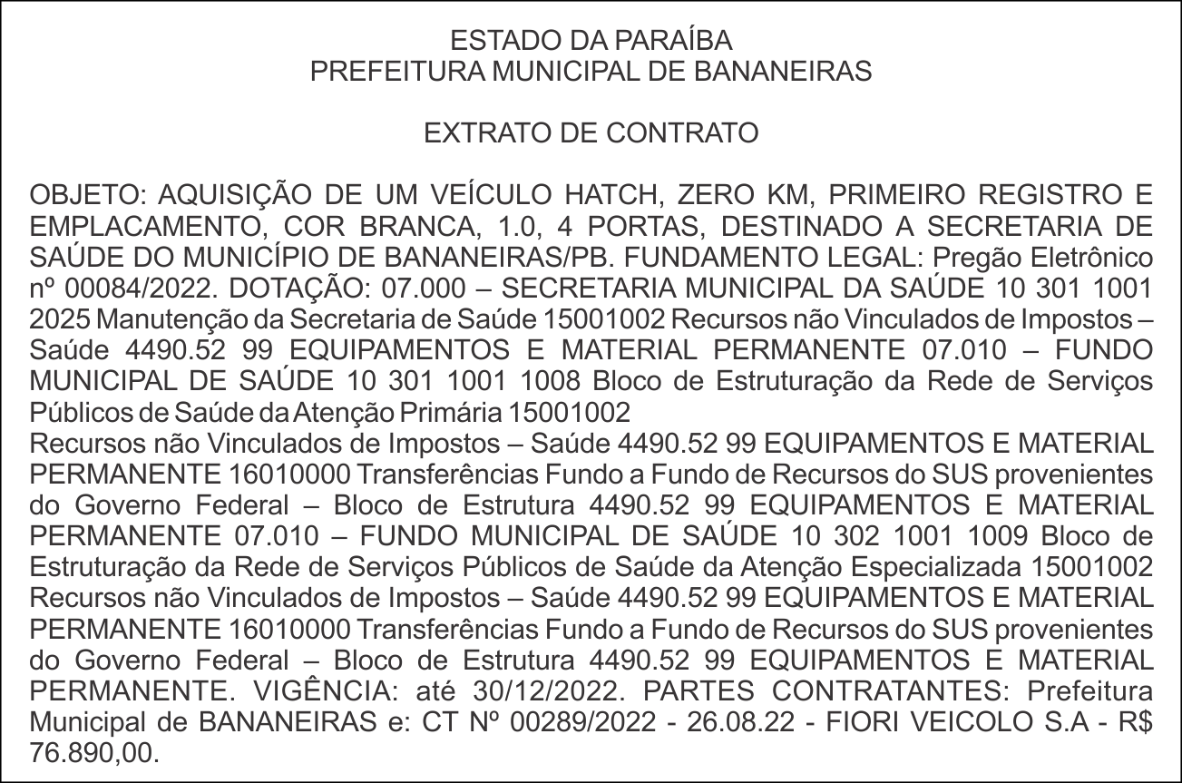 PREFEITURA MUNICIPAL DE BANANEIRAS – EXTRATO DE CONTRATO
