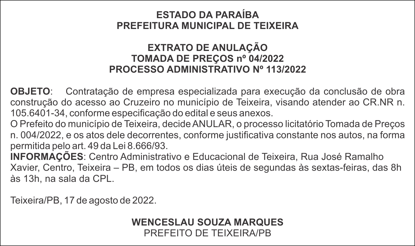 PREFEITURA MUNICIPAL DE TEIXEIRA – EXTRATO DE ANULAÇÃO – TOMADA DE PREÇOS nº 04/2022