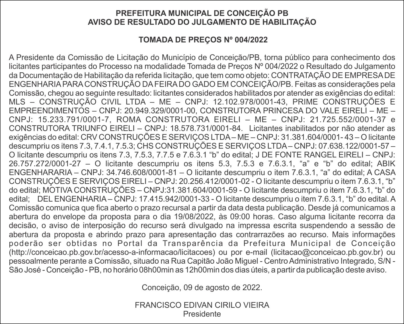 PREFEITURA MUNICIPAL DE CONCEIÇÃO/PB – AVISO DE RESULTADO DO JULGAMENTO DE HABILITAÇÃO – TOMADA DE PREÇOS Nº 004/2022