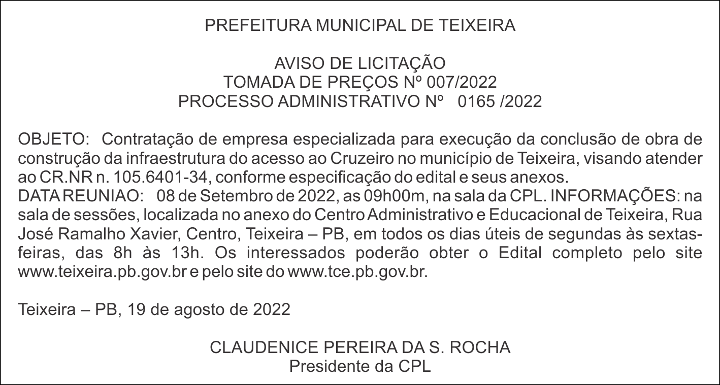 PREFEITURA MUNICIPAL DE TEIXEIRA – AVISO DE LICITAÇÃO – TOMADA DE PREÇOS Nº 007/2022
