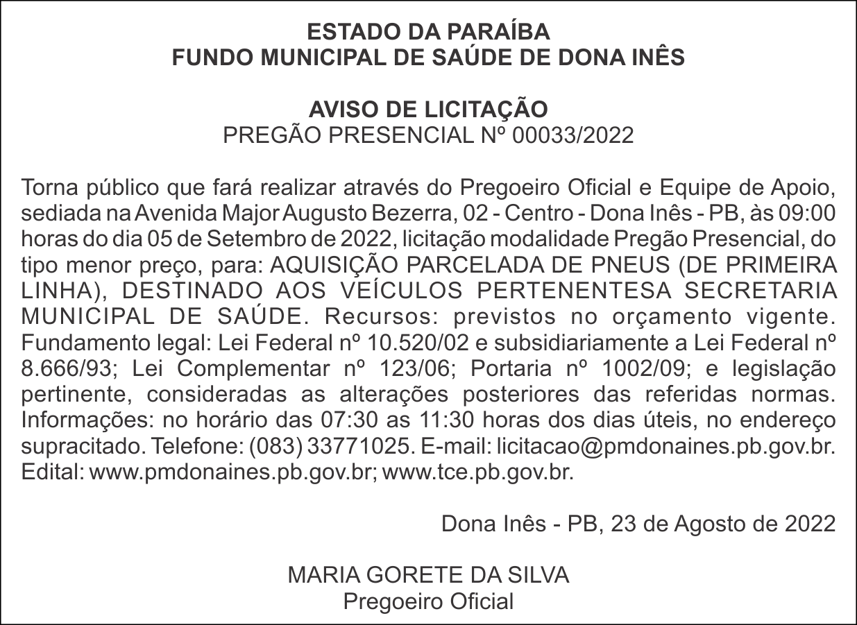 FUNDO MUNICIPAL DE SAÚDE DE DONA INÊS  – AVISO DE LICITAÇÃO – PREGÃO PRESENCIAL Nº 00033/2022