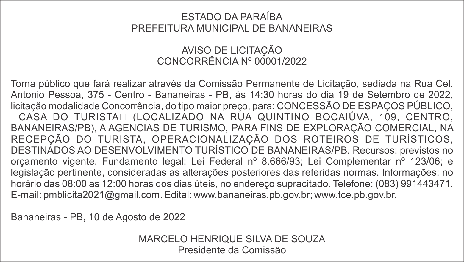 PREFEITURA MUNICIPAL DE BANANEIRAS – AVISO DE LICITAÇÃO – CONCORRÊNCIA Nº 00001/2022