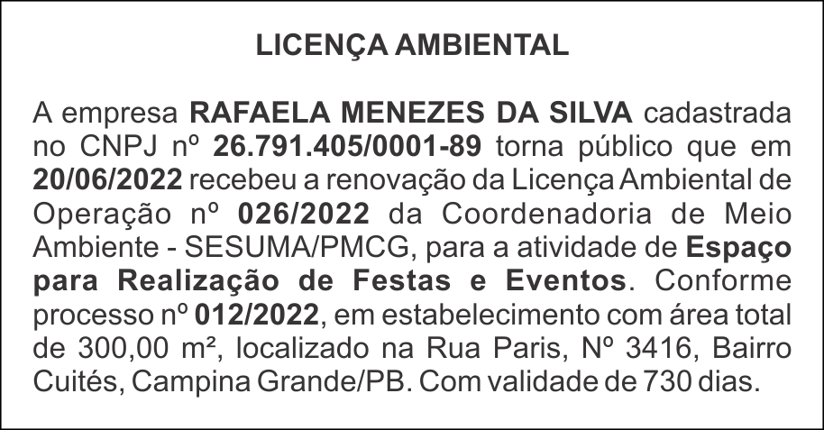 RAFAELA MENEZES DA SILVA – LICENÇA AMBIETAL