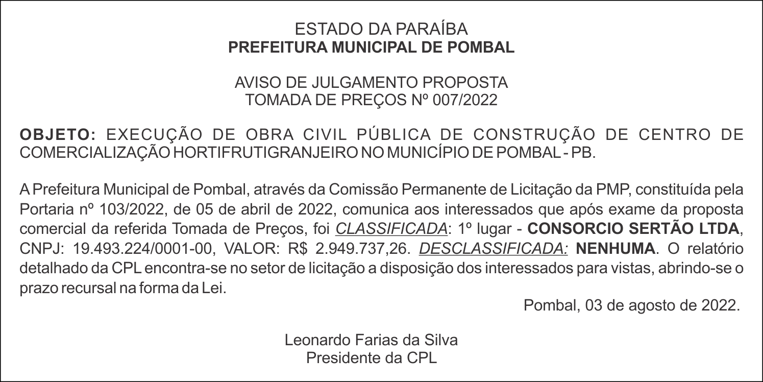 PREFEITURA MUNICIPAL DE POMBAL – AVISO DE JULGAMENTO PROPOSTA – TOMADA DE PREÇOS Nº 007/2022