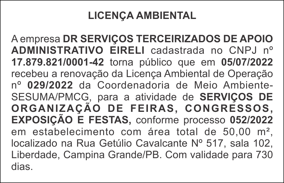 DR SERVIÇOS TERCEIRIZADOS DE APOIO ADMINISTRATIVO EIRELI – LICENÇA AMBIENTAL