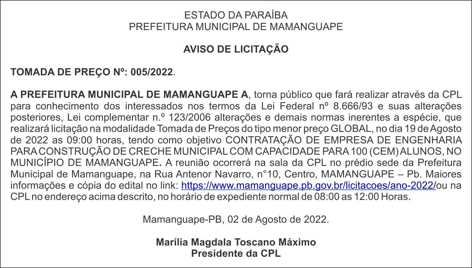 PREFEITURA MUNICIPAL DE MAMANGUAPE  – AVISO DE LICITAÇÃO – TOMADA DE PREÇO Nº: 005/2022.