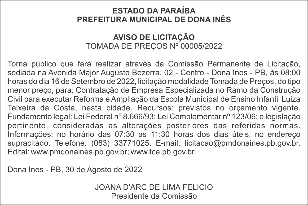 PREFEITURA MUNICIPAL DE DONA INÊS – AVISO DE LICITAÇÃO – TOMADA DE PREÇOS Nº 00005/2022
