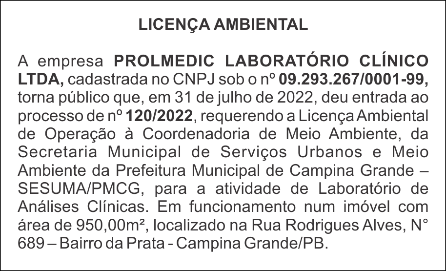 PROLMEDIC LABORATÓRIO CLÍNICO LTDA – LICENÇA AMBIENTAL