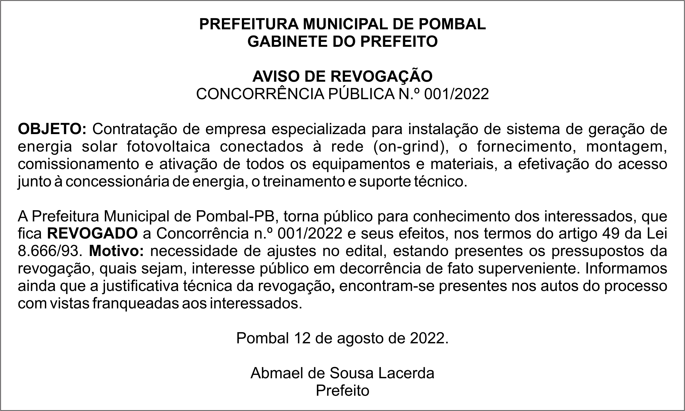 PREFEITURA MUNICIPAL DE POMBAL – AVISO DE REVOGAÇÃO – CONCORRÊNCIA PÚBLICA N.º 001/2022