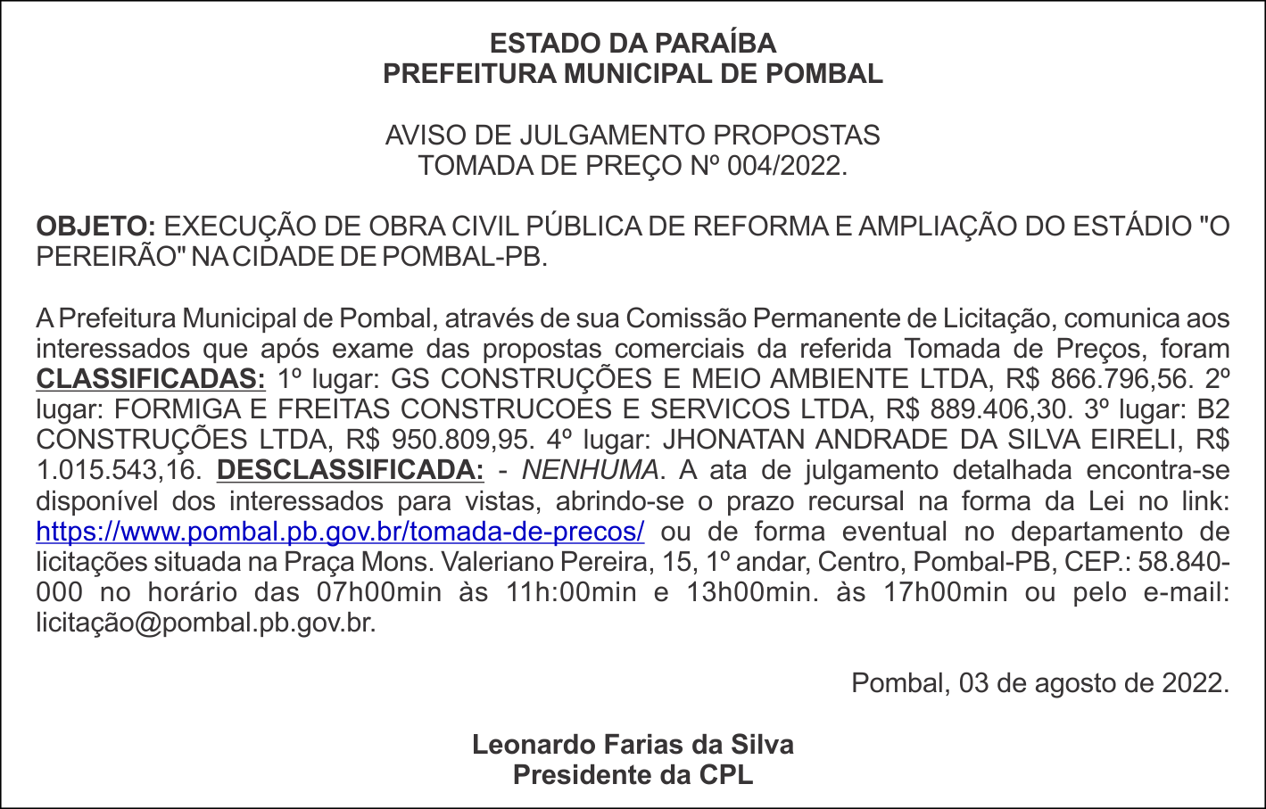 PREFEITURA MUNICIPAL DE POMBAL – AVISO DE JULGAMENTO PROPOSTAS – TOMADA DE PREÇO Nº 004/2022