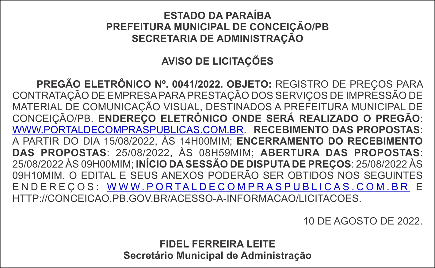 PREFEITURA MUNICIPAL DE CONCEIÇÃO/PB – AVISO DE LICITAÇÕES – PREGÃO ELETRÔNICO Nº. 0041/2022