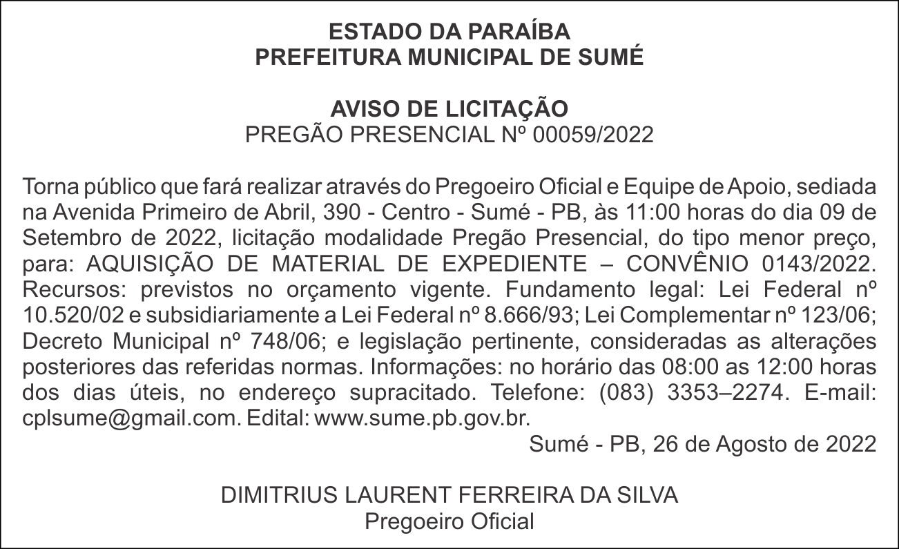 PREFEITURA MUNICIPAL DE SUMÉ – AVISO DE LICITAÇÃO – PREGÃO PRESENCIAL Nº 00059/2022