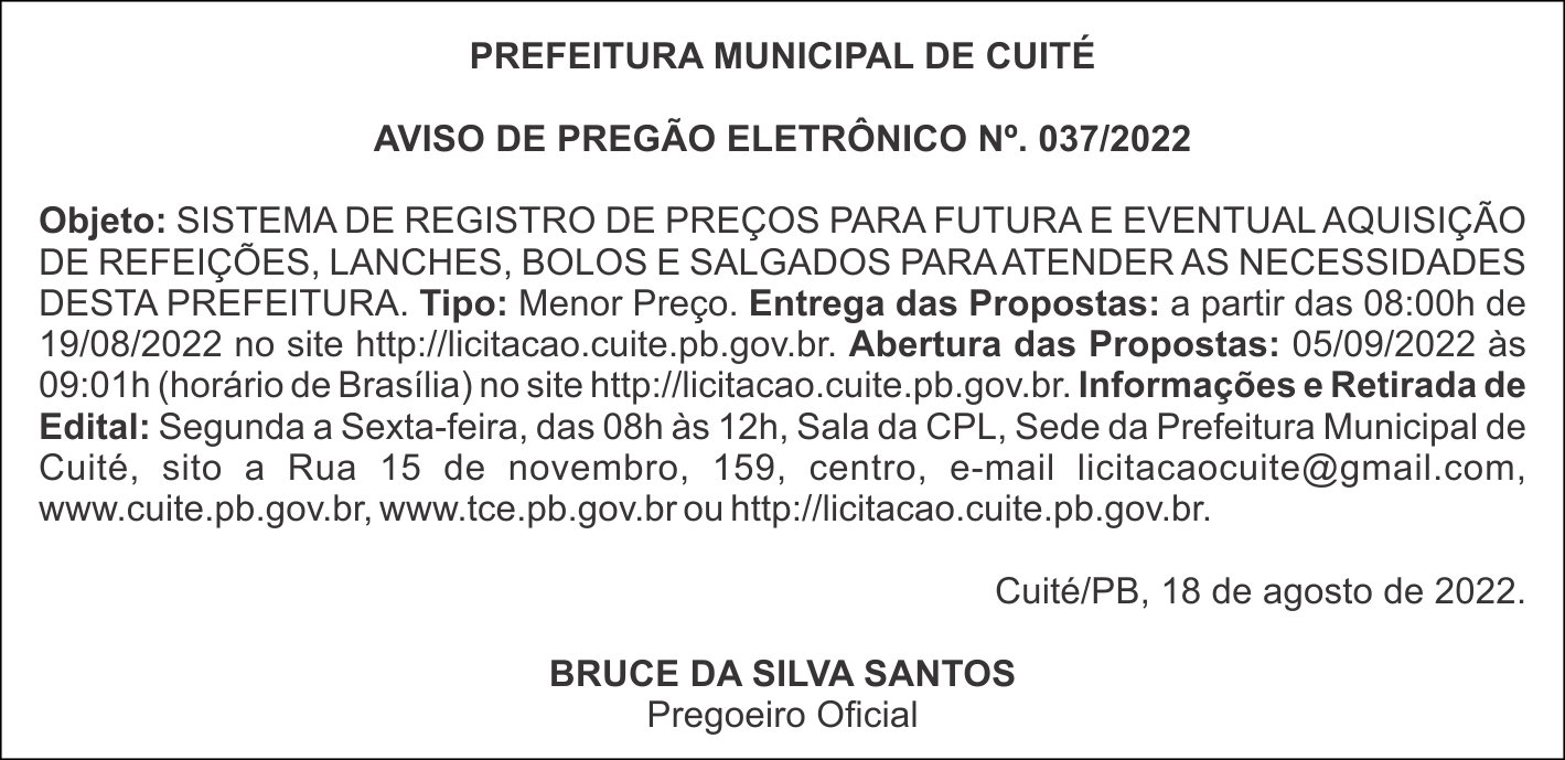 PREFEITURA MUNICIPAL DE CUITÉ  – AVISO DE PREGÃO ELETRÔNICO No. 037/2022