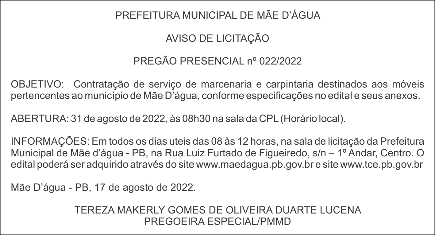 PREFEITURA MUNICIPAL DE MÃE D’ÁGUA – AVISO DE LICITAÇÃO – PREGÃO PRESENCIAL nº 022/2022
