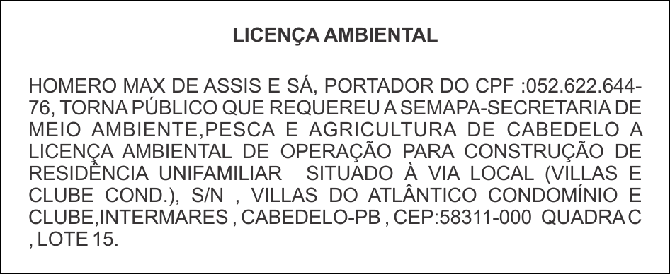 HOMERO MAX DE ASSIS E SÁ – LICENÇA AMBIENTAL