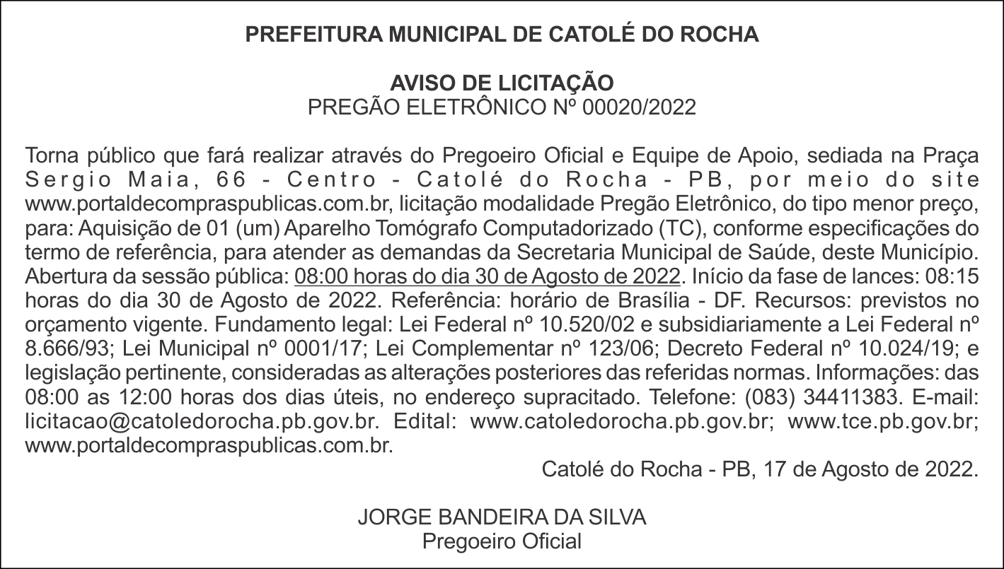 PREFEITURA MUNICIPAL DE CATOLÉ DO ROCHA – AVISO DE LICITAÇÃO – PREGÃO ELETRÔNICO Nº 00020/2022
