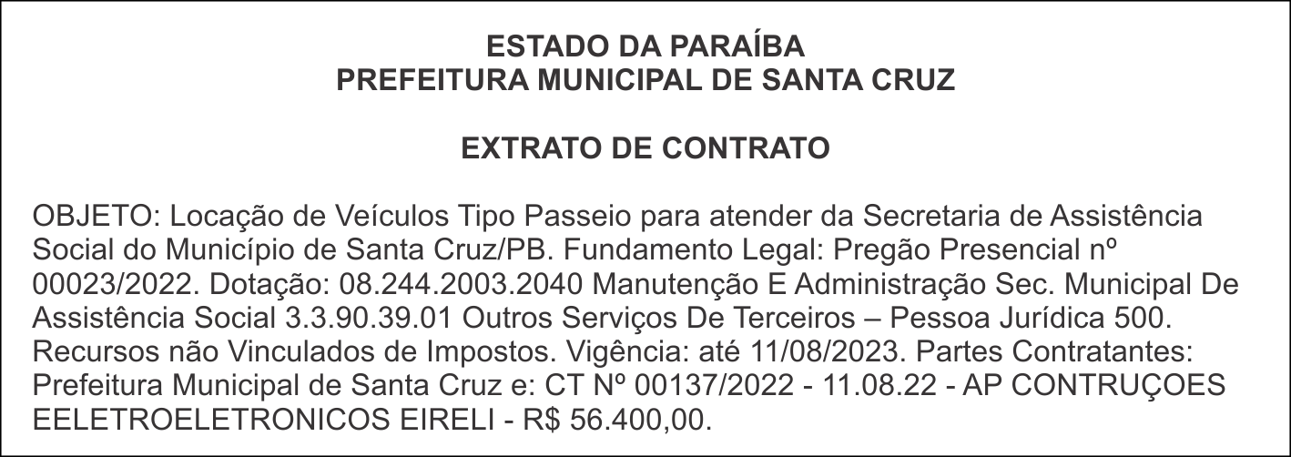 PREFEITURA MUNICIPAL DE SANTA CRUZ – EXTRATO DE CONTRATO