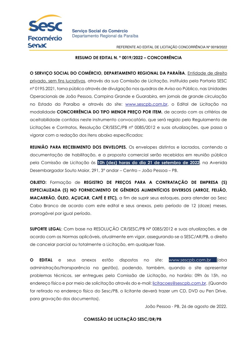 SESC – RESUMO DE EDITAL N.° 0019/2022 – CONCORRÊNCIA