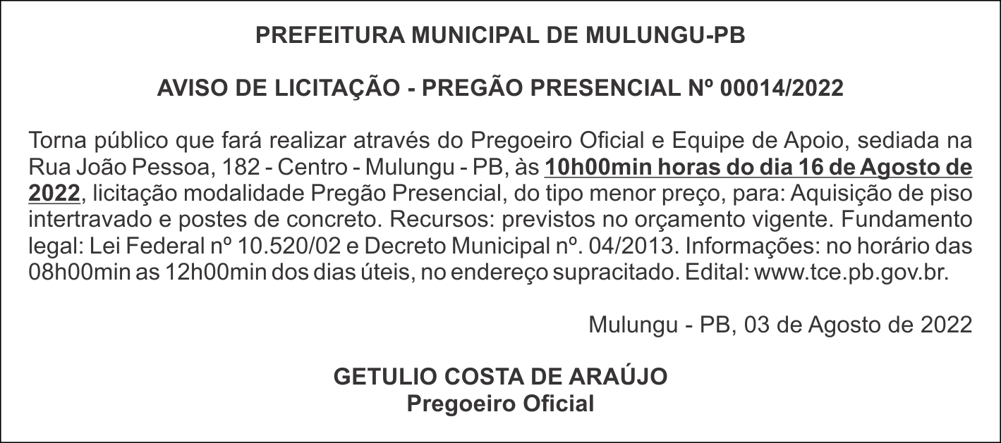 PREFEITURA MUNICIPAL DE MULUNGU-PB – AVISO DE LICITAÇÃO – PREGÃO PRESENCIAL Nº 00014/2022