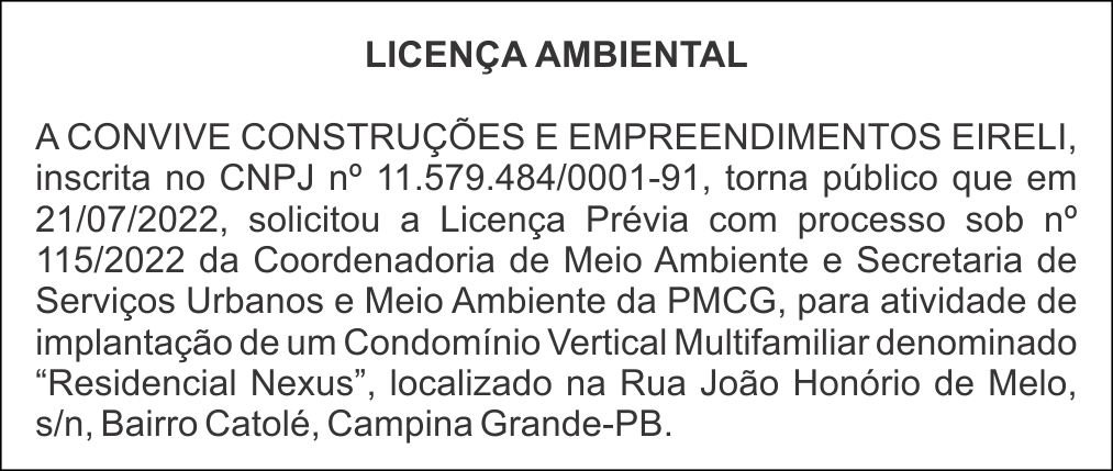CONVIVE CONSTRUÇÕES E EMPREENDIMENTOS EIRELI – LICENÇA AMBIENTAL