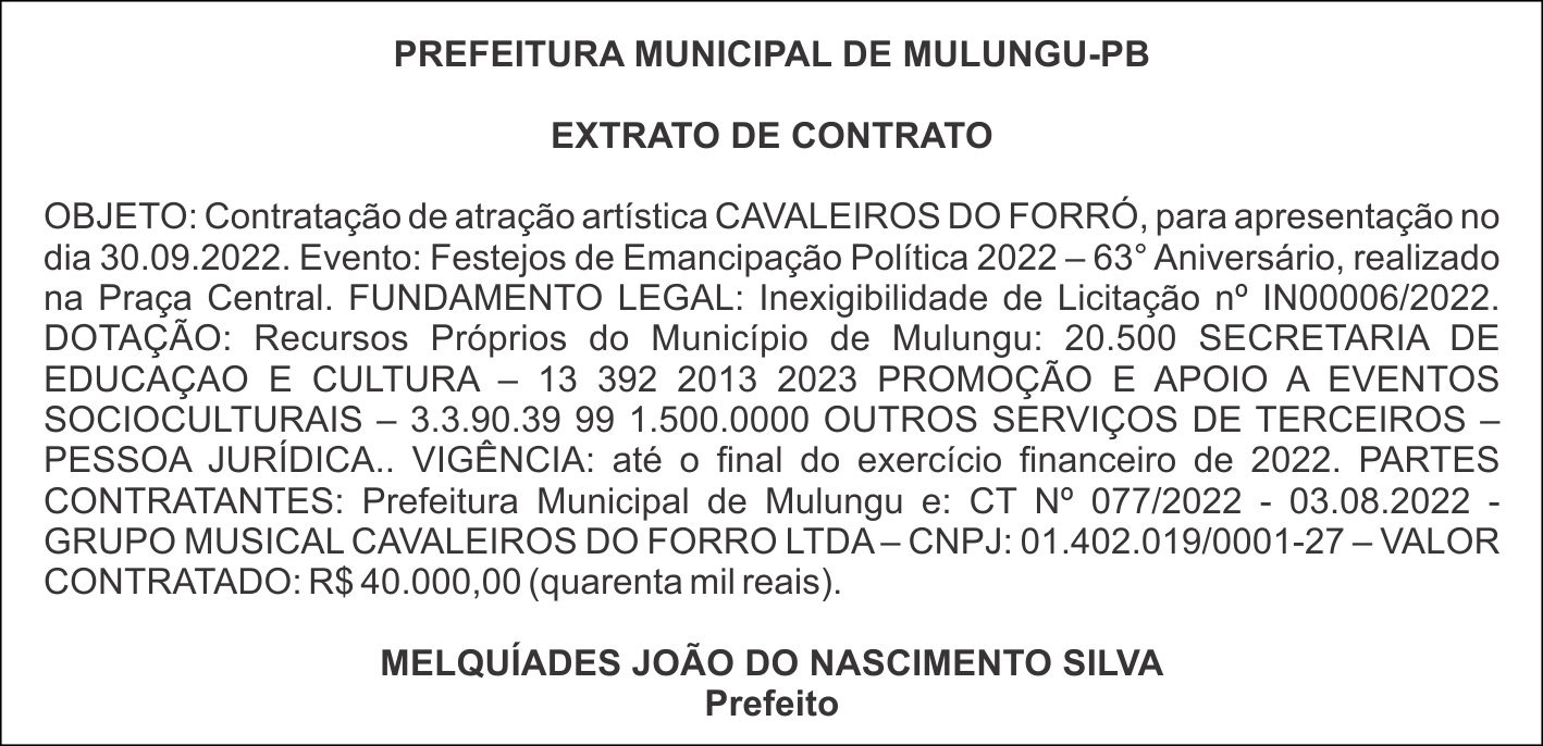 PREFEITURA MUNICIPAL DE MULUNGU-PB – EXTRATO DE CONTRATO