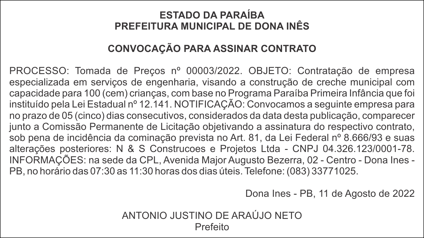 PREFEITURA MUNICIPAL DE DONA INÊS  – CONVOCAÇÃO PARA ASSINAR CONTRATO