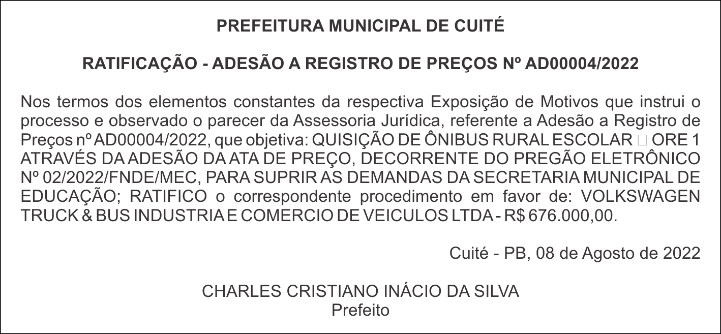 PREFEITURA MUNICIPAL DE CUITÉ  – RATIFICAÇÃO – ADESÃO A REGISTRO DE PREÇOS Nº AD00004/2022