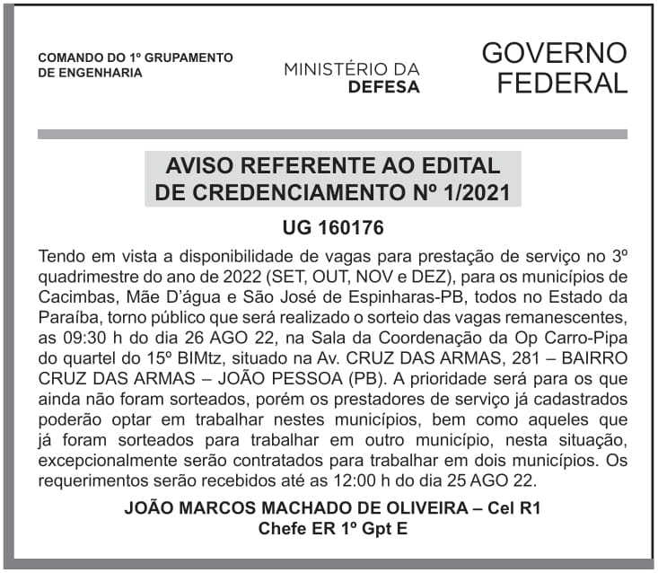CMDO 1º GPTE – JOÃO PESSOA – PB – Operação Carro-Pipa – Sorteio 15o BIMtz (AVISO REFERENTE AO EDITAL DE CREDENCIAMENTO Nº 1/2021 – UG 160176)