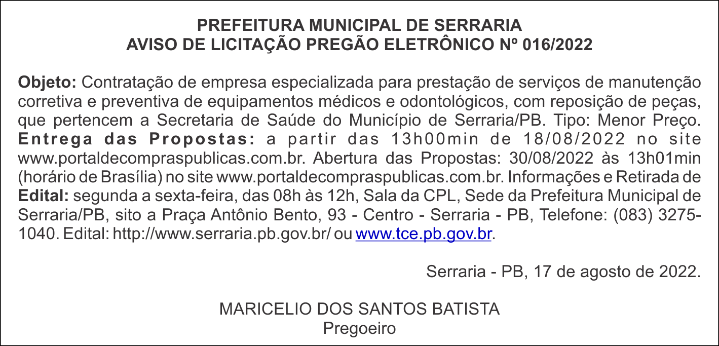 PREFEITURA MUNICIPAL DE SERRARIA – AVISO DE LICITAÇÃO – PREGÃO ELETRÔNICO Nº 016/2022