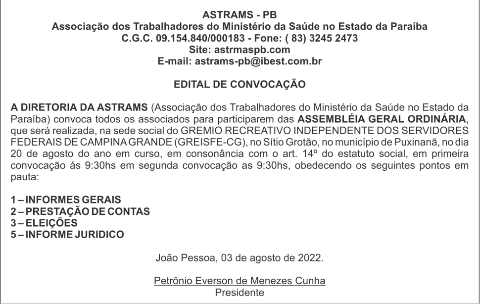 ASTRAMS – PB – EDITAL DE CONVOCAÇÃO