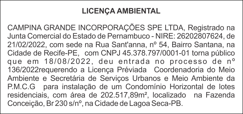 CAMPINA GRANDE INCORPORAÇÕES SPE LTDA – LICENÇA AMBIENTAL