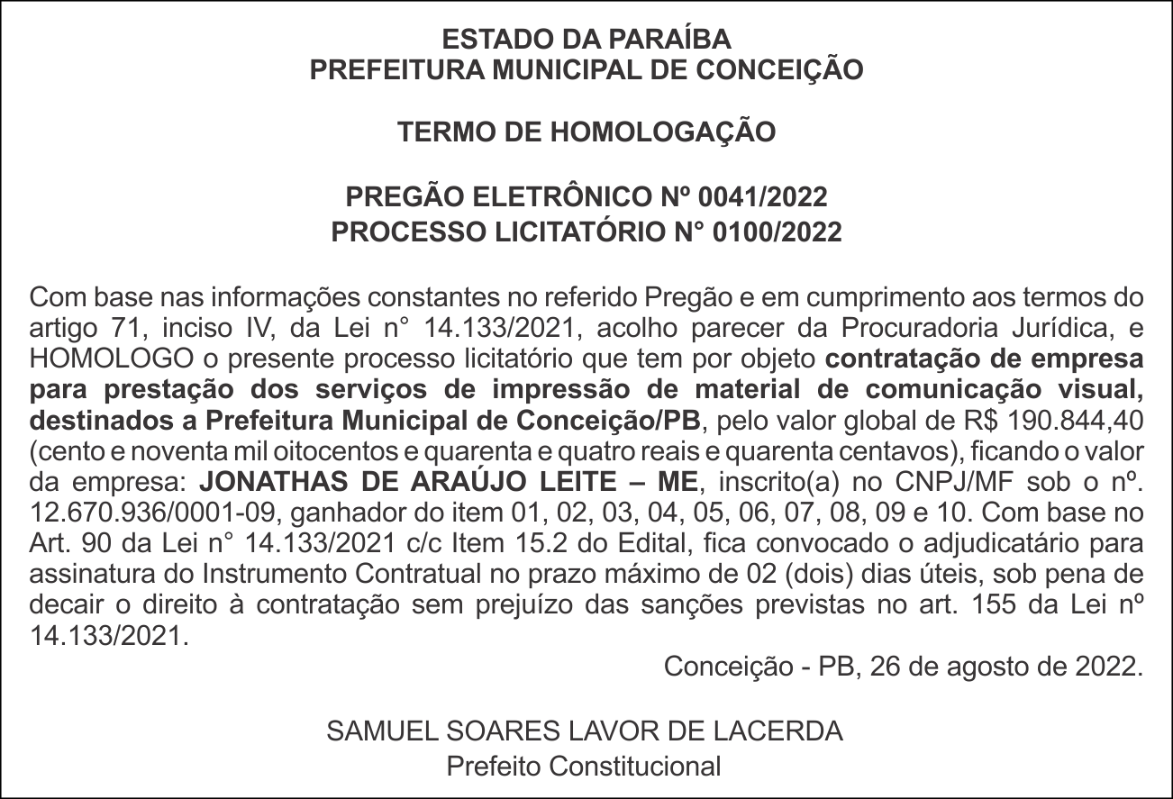 PREFEITURA MUNICIPAL DE CONCEIÇÃO – TERMO DE HOMOLOGAÇÃO – PREGÃO ELETRÔNICO Nº 0041/2022