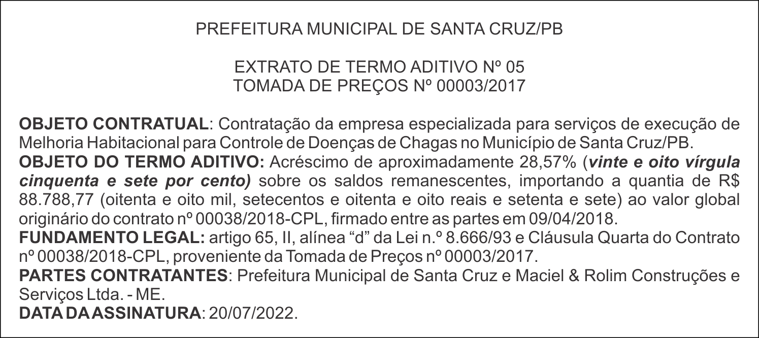 PREFEITURA MUNICIPAL DE SANTA CRUZ/PB – EXTRATO DE TERMO ADITIVO Nº 05 – TOMADA DE PREÇOS Nº 00003/2017