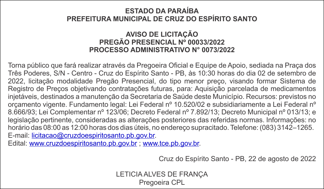 PREFEITURA MUNICIPAL DE CRUZ DO ESPÍRITO SANTO – AVISO DE LICITAÇÃO – PREGÃO PRESENCIAL Nº 00033/2022