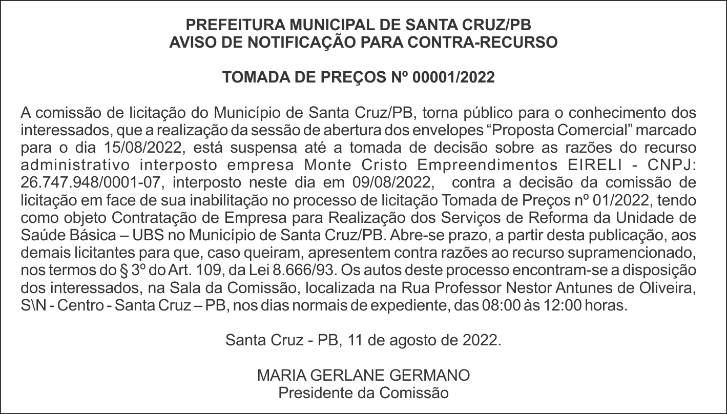 PREFEITURA MUNICIPAL DE SANTA CRUZ/PB – AVISO DE NOTIFICAÇÃO PARA CONTRA-RECURSO – TOMADA DE PREÇOS Nº 00001/2022