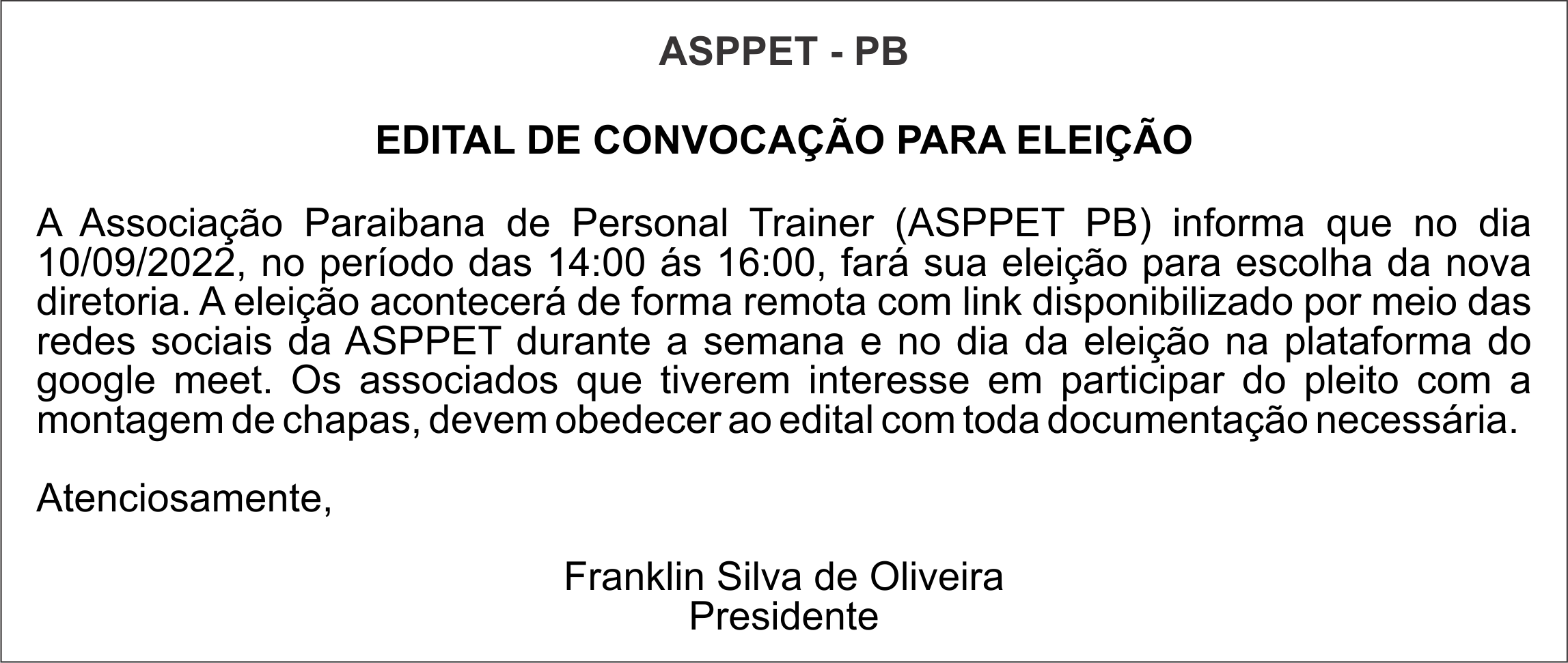 ASPET – EDITAL DE CONVOCAÇÃO PARA ELEIÇÃO