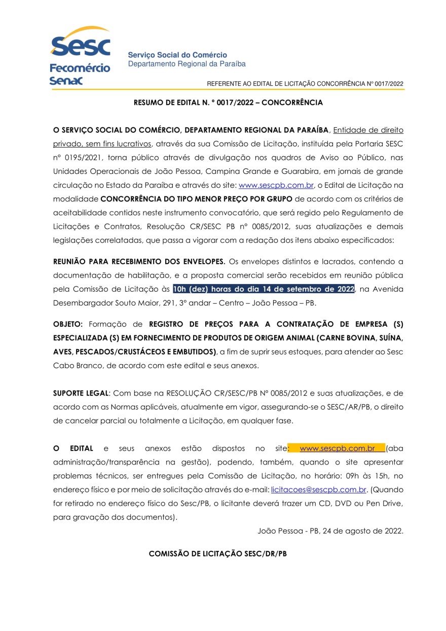 SESC – RESUMO DE EDITAL N. º 0017/2022 – CONCORRÊNCIA