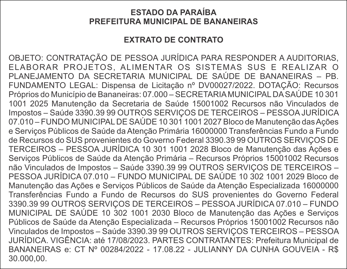 PREFEITURA MUNICIPAL DE BANANEIRAS – EXTRATO DE CONTRATO