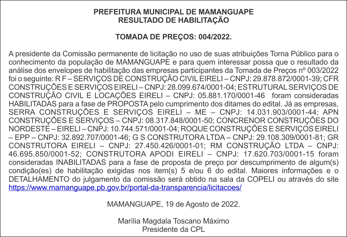 PREFEITURA MUNICIPAL DE MAMANGUAPE – RESULTADO DE HABILITAÇÃO – TOMADA DE PREÇOS: 004/2022.