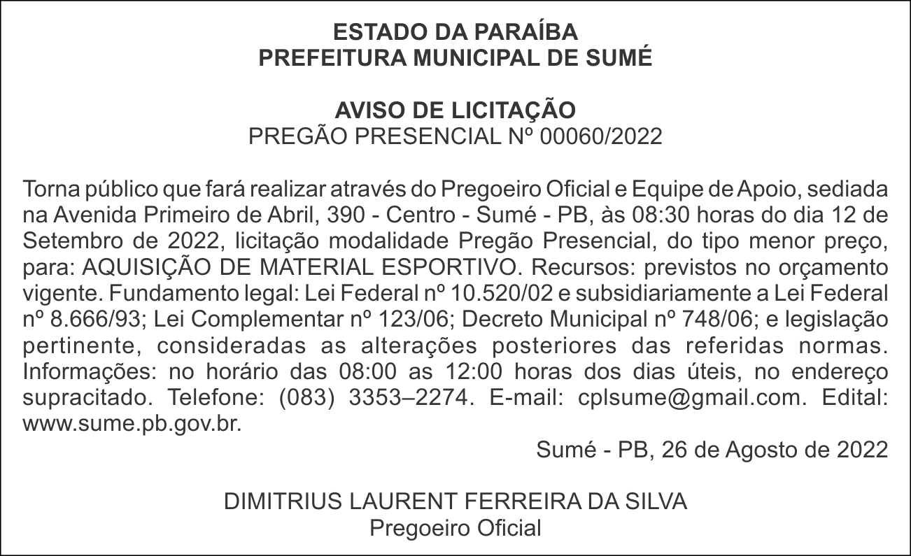 PREFEITURA MUNICIPAL DE SUMÉ – AVISO DE LICITAÇÃO – PREGÃO PRESENCIAL Nº 00060/2022