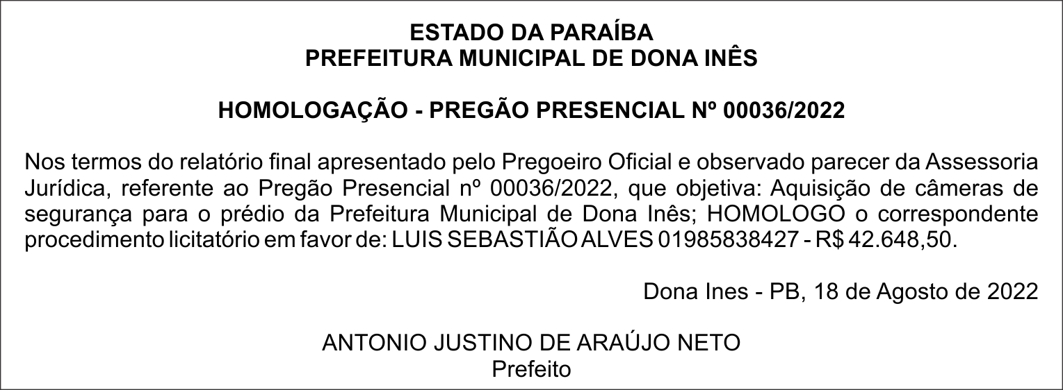 PREFEITURA MUNICIPAL DE DONA INÊS  – HOMOLOGAÇÃO – PREGÃO PRESENCIAL Nº 00036/2022