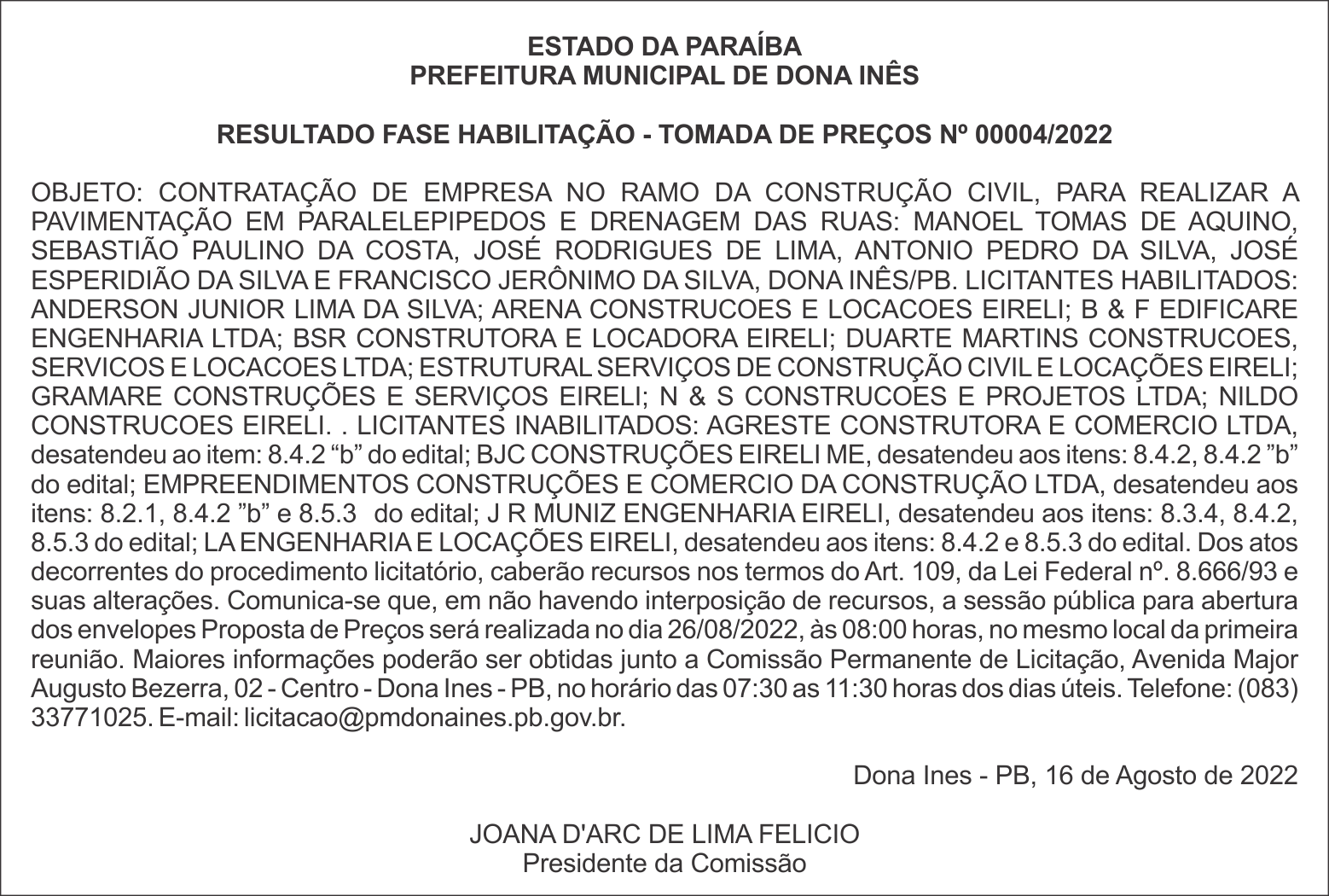 PREFEITURA MUNICIPAL DE DONA INÊS – RESULTADO FASE HABILITAÇÃO – TOMADA DE PREÇOS Nº 00004/2022